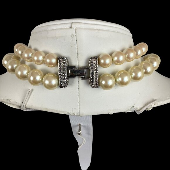 Vintage Carolee Faux Pearl Rhinestone Collar Bib Necklace Chunky Double Strand - Picture 4 of 11
